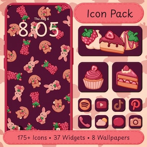 May include: A digital icon pack featuring a dark purple smartphone wallpaper with a repeating pattern of light brown bunnies holding strawberries. Includes app icons for social media and tools, plus dessert graphics like cake and cupcakes.