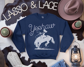 Sweat-shirt cow-girl Yeehaw, sweat-shirt western, t-shirt graphique western, col rond esthétique cow-girl, époque cow-girl, cadeau pour cow-girl