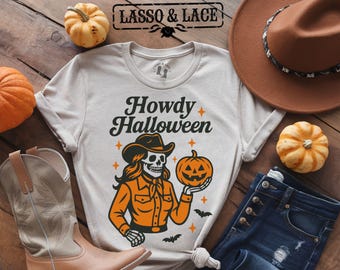 Camisa vaquera de Halloween, camisa de Halloween "Hola", camisa de vaquera fantasma, camisa de vaquera "Hola", camisas de vaquero fantasma, camiseta extragrande