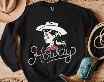 Bonjour, sweat cowgirl vintage, sweat western, t-shirt graphique western, col rond esthétique cow-girl, époque cow-girl, cadeau pour cow-girl