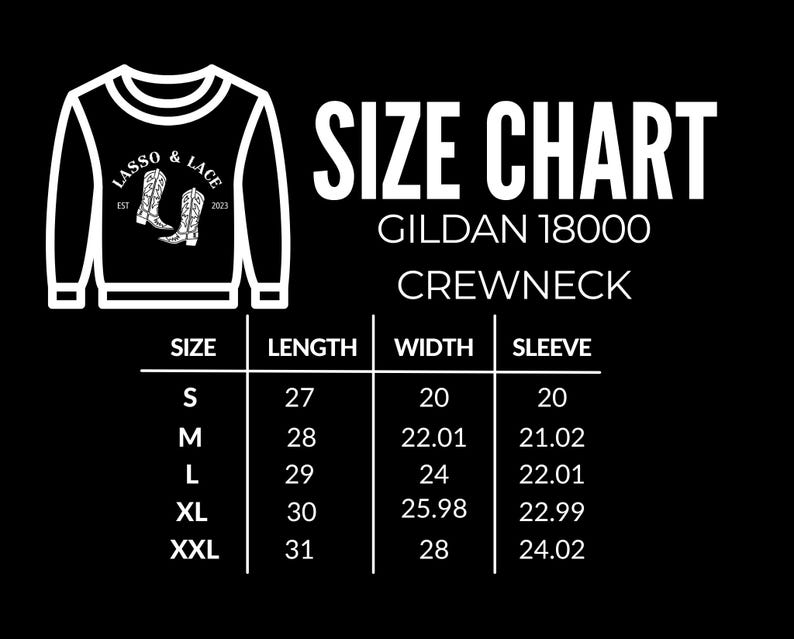 Peut inclure: Un tableau des tailles pour les sweat-shirts &agrave; col rond Gildan 18000. Le tableau indique la taille, la longueur en pouces, la largeur en pouces et la longueur des manches en pouces pour les tailles S, M, L, XL et XXL.