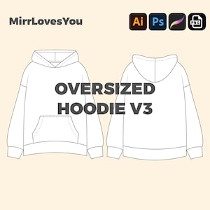 Oversized Streetwear Hoodie V3 Mock up Vector Template Adobe Illustrator, PNG, SVG, Procreate Tech Pack Flat sketch baggy fit hoodie mockup