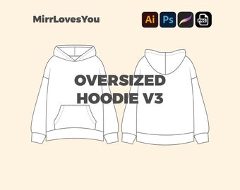 Oversized Streetwear Hoodie V3 Mock up Vector Template Adobe Illustrator, PNG, SVG, Procreate Tech Pack Flat sketch baggy fit hoodie mockup