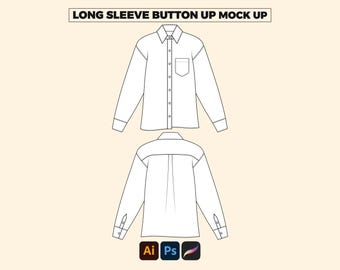 Maqueta de camisa abotonada de manga larga Plantilla vectorial Boceto plano Adobe Illustrator PNG SVG Procreate Paquete tecnológico Maqueta de camisa abotonada