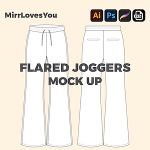 Streetwear Flared Joggers Wide leg Fit Sweats Mock-up Vector Adobe Illustrator PNG SVG Procreate Tech Pack flat sketch sweatpant mockup