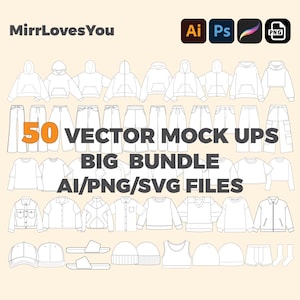 Clothing Vector Mockup Pack Streetwear Tech Pack Bundle Template Mockups Clothing Brand Fashion Tech pack Illustrator Procreate Photoshop