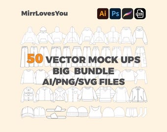 May include: An image showcasing 50 vector mockups of clothing items such as hoodies, trousers, shirts, and accessories. The text "50 VECTOR MOCK UPS BIG BUNDLE AI/PNG/SVG FILES" is displayed. The image also includes the logo "MirrLovesYou".