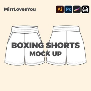 Puede incluir: Un dibujo en blanco y negro de pantalones cortos de boxeo. Los pantalones cortos tienen una cintura y dos bolsillos laterales. El texto "BOXING SHORTS MOCK UP" está escrito en negro debajo de los pantalones cortos.