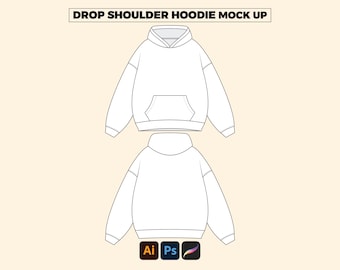 May include: A white drop shoulder hoodie mock-up with a front and back view. The hoodie has a hood, a front pocket, and long sleeves. The text "DROP SHOULDER HOODIE MOCK UP" is at the top. Below are the logos for Adobe Illustrator, Photoshop, and Procreate.