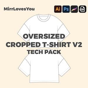 T-shirt oversize streetwear ritagliata ampia vestibilità V2 Mock-up modello vettoriale Adobe Illustrator PNG SVG Procreate Tech pack Mockup Abbigliamento vuoto