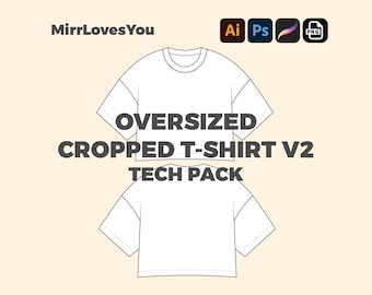 Oversized Streetwear Cropped Wide fit T-shirt V2 Mock-up Vector Template Adobe Illustrator PNG SVG Procreate Tech pack Mockup Clothing blank