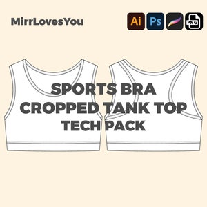 Sports Bra Cropped Tank top Mock-up Vector Template Adobe Illustrator PNG SVG Procreate Tech pack Mockup Clothing blank Flat sketch