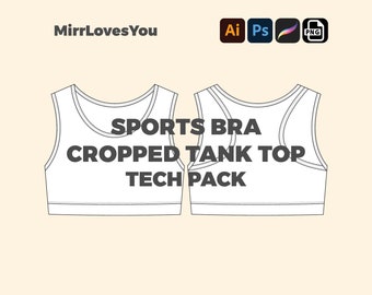 Sports Bra Cropped Tank top Mock-up Vector Template Adobe Illustrator PNG SVG Procreate Tech pack Mockup Clothing blank Flat sketch