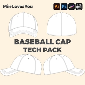 Baseball cap Streetwear Hat Mock up Vector Template Adobe Illustrator, PNG, SVG, Procreate Tech Pack Dad hat flat sketch baseball cap mockup