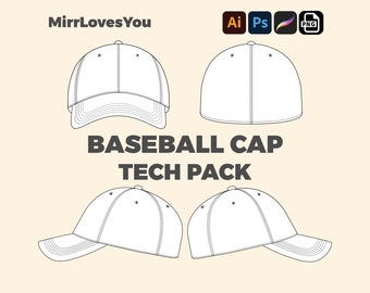 Baseball cap Streetwear Hat Mock up Vector Template Adobe Illustrator, PNG, SVG, Procreate Tech Pack Dad hat flat sketch baseball cap mockup