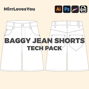 Op de afbeelding: Een technische tekening van een baggy jeans short. De tekening toont de voor- en achterkant van de short. De short heeft een tailleband, twee voorzakken en twee achterzakken. De tekst "BAGGY JEAN SHORTS TECH PACK" staat in vetgedrukte letters onder de tekening.