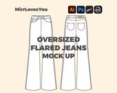 Oversized Flared Jeans Mock up Vector Template Adobe Illustrator PNG SVG Procreate Tech Pack flat sketch streetwear jeans Mockup