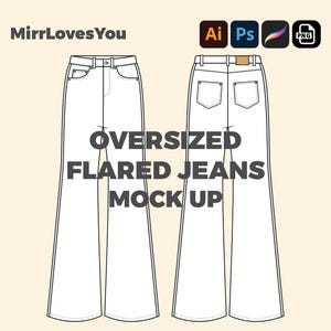 May include: Line drawing mockup of a pair of oversized flared jeans. The jeans are white and have a classic five-pocket design. The text "OVERSIZED FLARED JEANS MOCK UP" is written in black below the jeans.