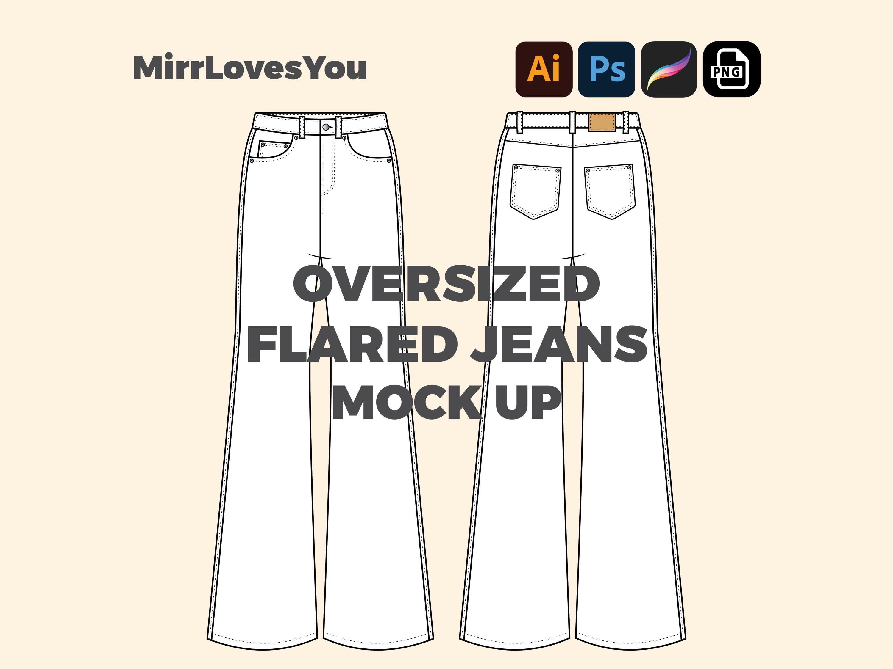 Oversized Flared Jeans Mock up Vector Template Adobe Illustrator PNG SVG Procreate Tech Pack flat sketch streetwear jeans Mockup