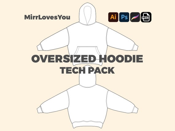 Oversized Streetwear Hoodie Mock up Vector Template Flat sketch Adobe Illustrator PNG SVG Procreate Tech Pack oversize hoodie mockup