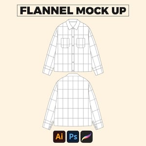 Könnte beinhalten: Digitale Illustration eines Flanellhemd-Mockups. Der Entwurf zeigt eine Vorder- und Rückansicht eines Hemdes mit Knopfleiste und Karomuster. Die Worte "FLANNEL MOCK UP" stehen oben. Darunter befinden sich Symbole für Adobe Illustrator, Photoshop und Procreate.