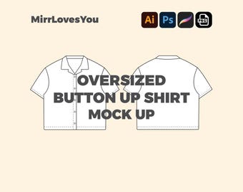 Maqueta de camisa de calle de gran tamaño, plantilla vectorial, boceto plano, Adobe Illustrator, PNG, SVG, Procreate, paquete tecnológico, maqueta de camisa con botones