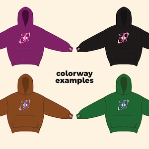 May include: Four colorways of a hooded sweatshirt with a graphic design of a pink and purple swirl on the front. The sweatshirts are shown in purple, black, brown, and green.