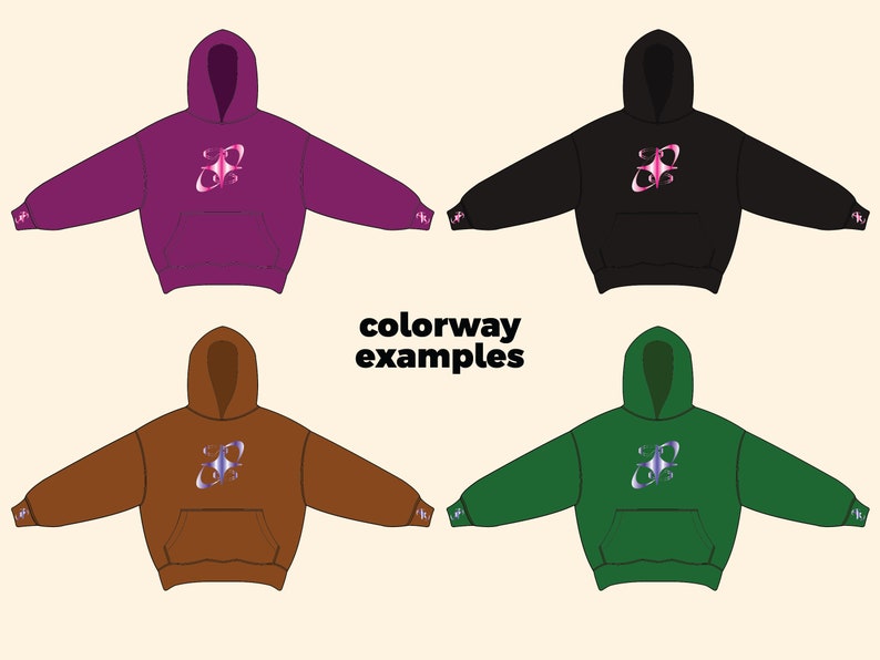 May include: Four colorways of a hooded sweatshirt with a graphic design of a pink and purple swirl on the front. The sweatshirts are shown in purple, black, brown, and green.