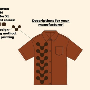 May include: A brown short-sleeved button-down shirt with a repeating pattern of dark brown abstract shapes. The shirt has a pocket on the left side and is described as 100% cotton, 250 GSM, and sized for XL. The garment colors are brown, dark brown, and black.