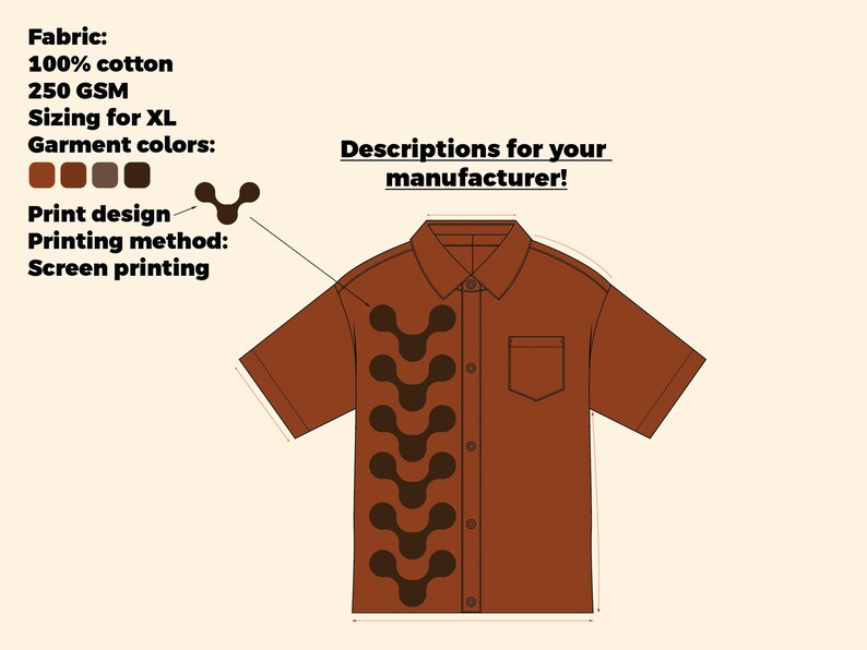 May include: A brown short-sleeved button-down shirt with a repeating pattern of dark brown abstract shapes. The shirt has a pocket on the left side and is described as 100% cotton, 250 GSM, and sized for XL. The garment colors are brown, dark brown, and black.