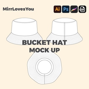 Può includere: Un disegno in bianco e nero di un mock-up di un cappello a secchiello. Il cappello è mostrato di fronte, di lato e dall'alto. Il testo "BUCKET HAT MOCK UP" è scritto sotto il cappello.