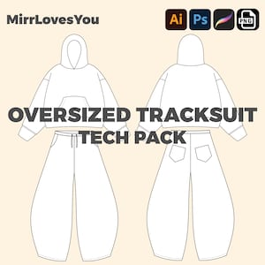 Oversized Tracksuit Mock-up Vector Template Baggy Hoodie and Sweatpants Flat sketch Mockup Adobe Illustrator, PNG, SVG, Procreate, Tech Pack