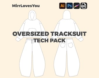 Oversized Tracksuit Mock-up Vector Template Baggy Hoodie and Sweatpants Flat sketch Mockup Adobe Illustrator, PNG, SVG, Procreate, Tech Pack