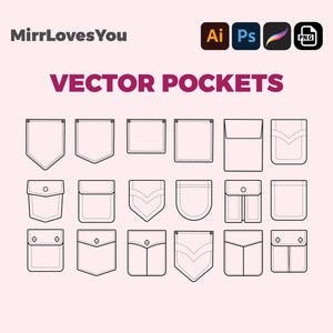 Puede incluir: Un conjunto de 12 diseños de bolsillos vectoriales para ropa. Los bolsillos están delineados en negro y tienen varias formas y estilos, incluidos bolsillos con solapa, bolsillos de parche y bolsillos de ribete.