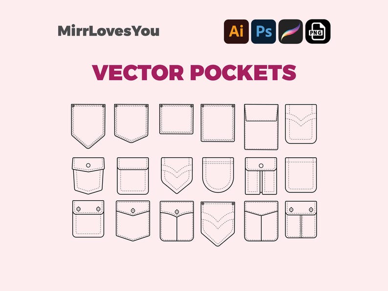May include: A set of 12 vector pocket designs for clothing. The pockets are outlined in black and have various shapes and styles, including flap pockets, patch pockets, and welt pockets.