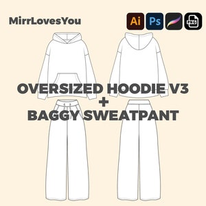 Może przedstawiać: Liniowy rysunek oversize'owej bluzy z kapturem i luźnych spodni dresowych. W obrazie znajduje się tekst "MirrLovesYou" i "OVERSIZED HOODIE V3 + BAGGY SWEATPANTS".