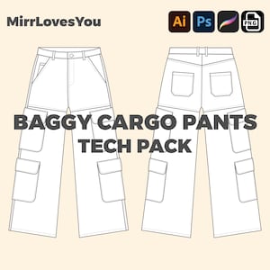 Baggy Streetwear Cargo pants Mock up Vector template Adobe Illustrator, PNG, SVG, Procreate Tech Pack cargo pants mockup technical drawing