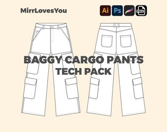 Maqueta de pantalones cargo holgados de ropa de calle, plantilla vectorial, Adobe Illustrator, PNG, SVG, Procreate Tech Pack, dibujo técnico de maqueta de pantalones cargo