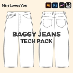 Può includere: Schema tecnico di un paio di jeans baggy. Sono mostrate le viste anteriore e posteriore dei jeans. Il testo "Baggy Jeans Tech Pack" è scritto al centro dell'immagine.