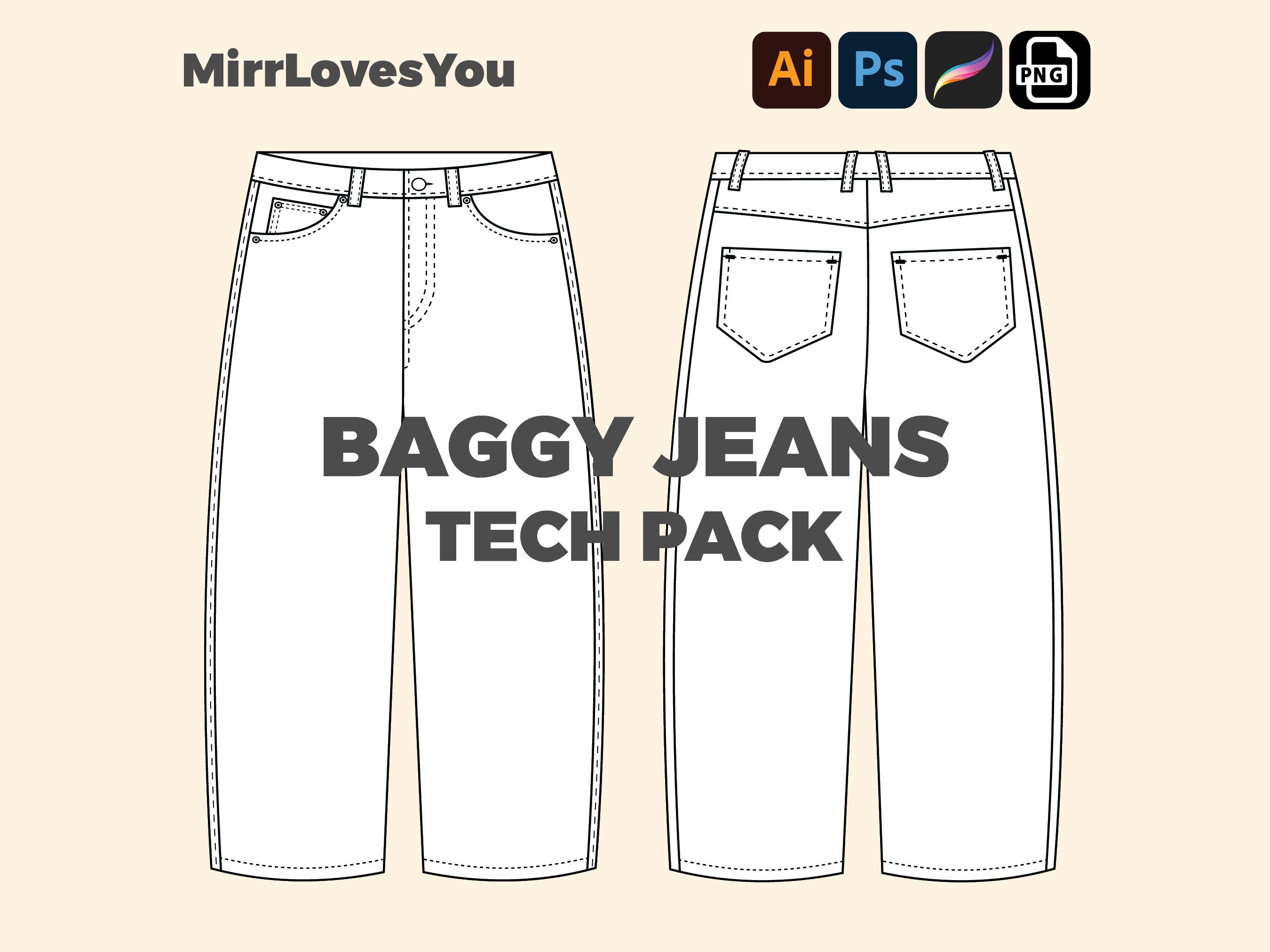 Baggy Streetwear Jeans Mock up Vector Template Adobe Illustrator, PNG ...