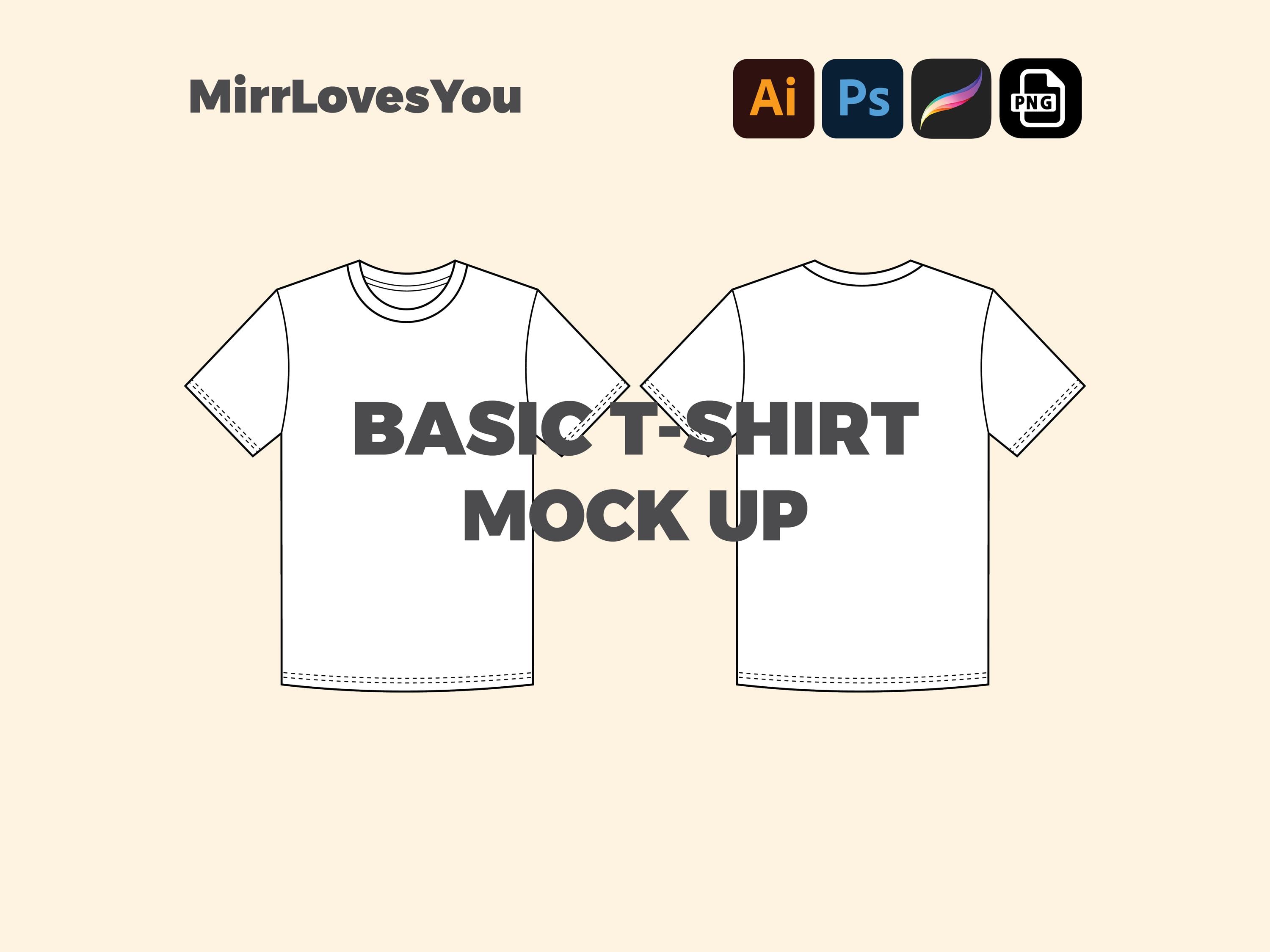 Basic T-shirt Mock up Vector Template Adobe Illustrator PNG SVG Procreate Tech pack Streetwear tshirt mockup flat sketch technical drawing