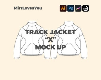 Track Jacket "X" Mock up Vector Template Adobe Illustrator PNG SVG Procreate Tech pack Clothing blank zip up jacket Mockup 2d flat sketch