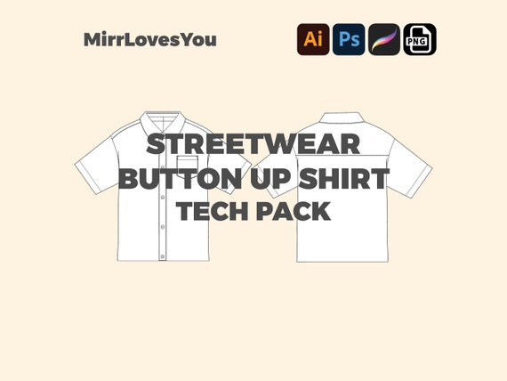 Streetwear Short Sleeve Button up Summer Shirt Mock-up Adobe Illustrator, PNG, SVG, Procreate, Tech pack