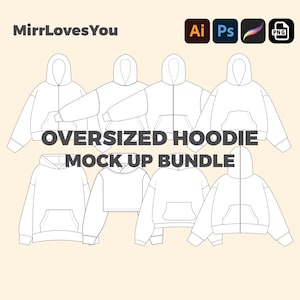 Übergroßer Hoodie Mockup Bundle Vektor Vorlage Flache Skizze Adobe Illustrator PNG SVG Procreate Tech Pack Hoodie Mockup technische Zeichnung
