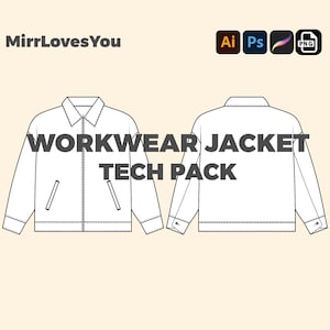 Op de afbeelding: Lijntekening technische specificaties van een werkjas. De jas heeft een ritssluiting, twee zakken en een kraag. De tekst "WORKWEAR JACKET TECH PACK" staat in het midden van de afbeelding.