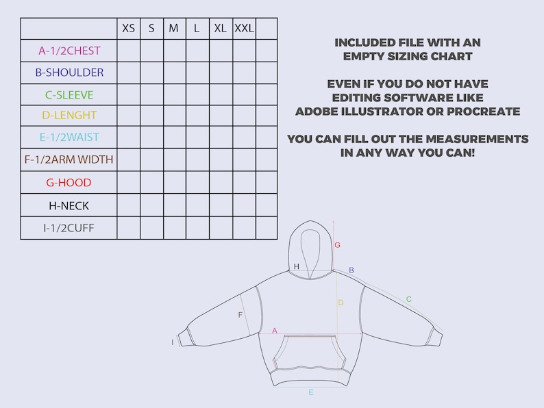 Editable Size Chart for Hoodie, SVG, Adobe Illustrator, PNG, PDF, Empty ...