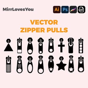 May include: A set of 16 black vector illustrations of different zipper pulls. The pulls are in various shapes, including triangles, circles, stars, and crosses.
