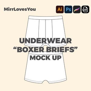 Puede incluir: Diseño de maqueta de calzoncillos tipo bóxer blancos sobre un fondo beige claro. El texto "UNDERWEAR 'BOXER BRIEFS' MOCK UP" se muestra en una fuente gris oscuro. La imagen también incluye el logotipo "MirrLovesYou" e iconos de software de diseño.