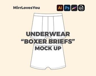Underwear Boxer briefs Vector Template Mock-up Adobe Illustrator, PNG, SVG, Procreate, Tech pack, underwear mockup boxers flat sketch