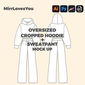 Może przedstawiać: Czarno-biały rysunek makiety oversize'owej, obciętej bluzy z kapturem i spodni dresowych. Tekst "OVERSIZED CROPPED HOODIE + SWEATPANTS MOCK UP" jest napisany pogrubioną czarną czcionką.